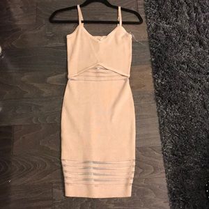 Beige body con dress with mesh detail